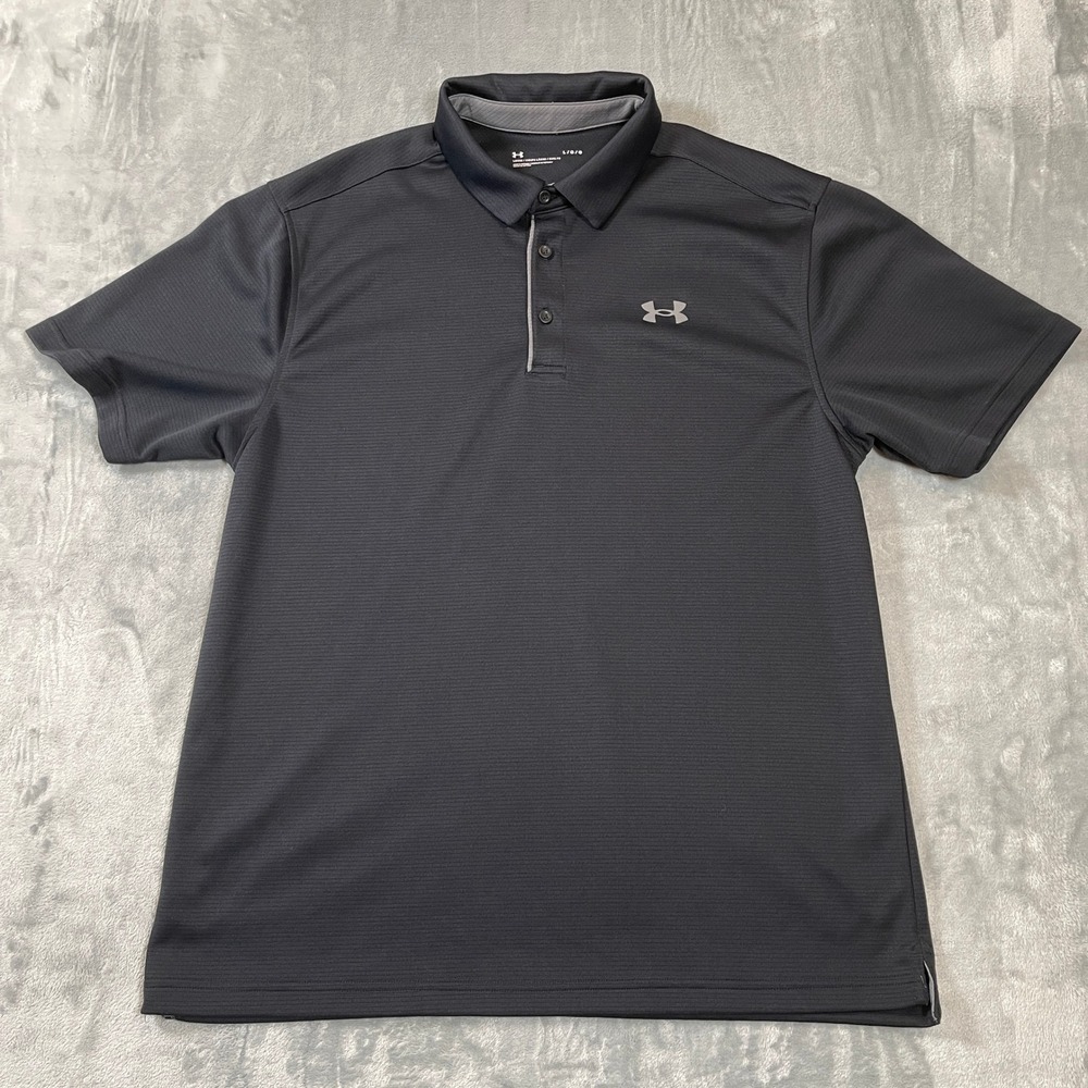 Under Armour Mens Polo Shirt Large Loose Fit HeatGear Charcoal Grey Stripe